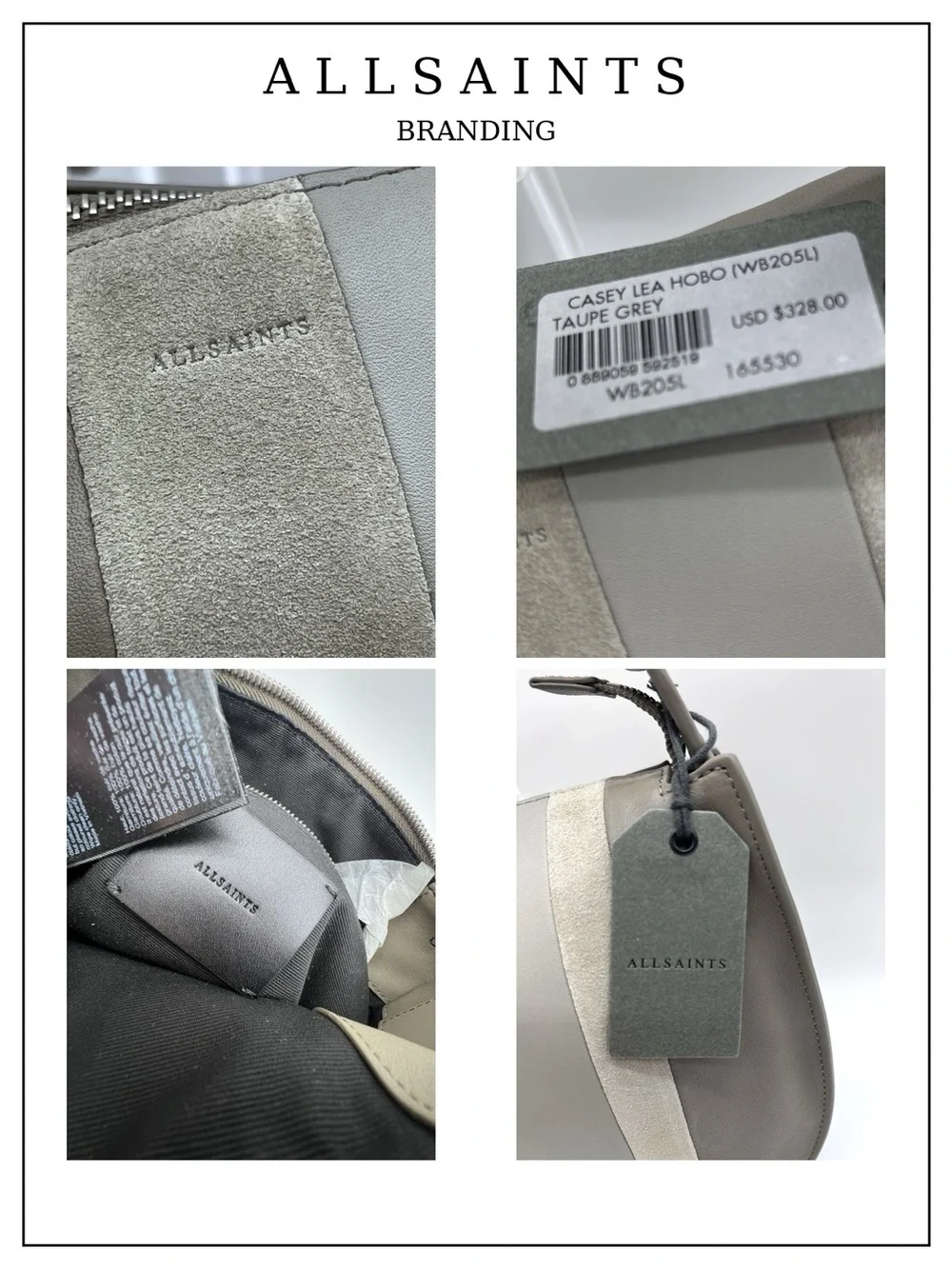AllSaints Casey Lea Hobo Taupe Grey Leather Bag NWT MSRP $328 w/ Dust Bag